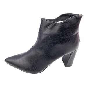 Atalina Black Croc Embossed Pointed Toe Tall Block Heel Ankle Boots 9 Women's